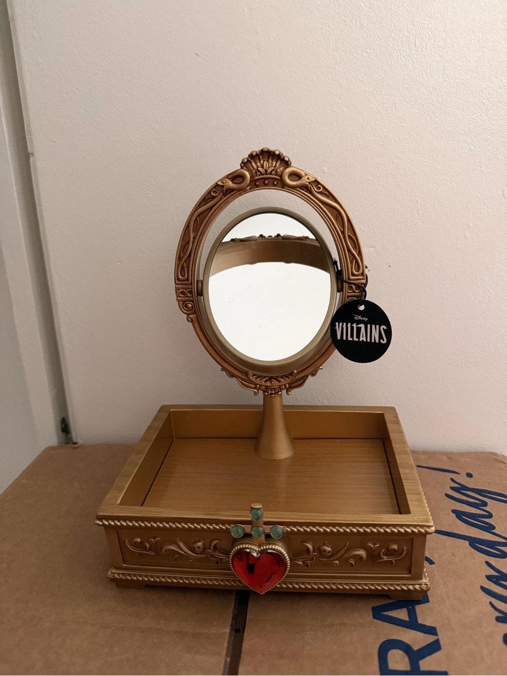 Disney Gold Vanity Mirror Jewelry Box with Red Heart Accent